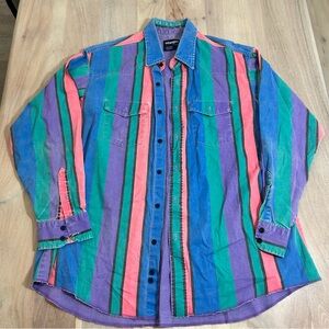 Wrangler VTG Shirt Mens Large Blue Striped Button Up Western Rodeo Brushpopper